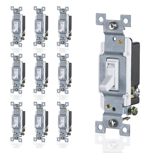Faith 3 Way Toggle Switch White Residential Grade Standard Wall Electrical Switch, 15 Amp, Grounding Screw, 120V/277V, 10 Pack