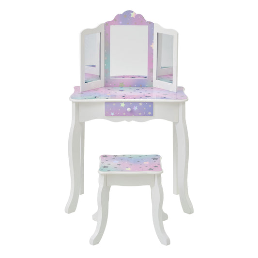 Fantasy Fields Gisele Starry Sky Wooden Kids Play Vanity Set with Tri-Fold Mirror & Stool, White & Lavender