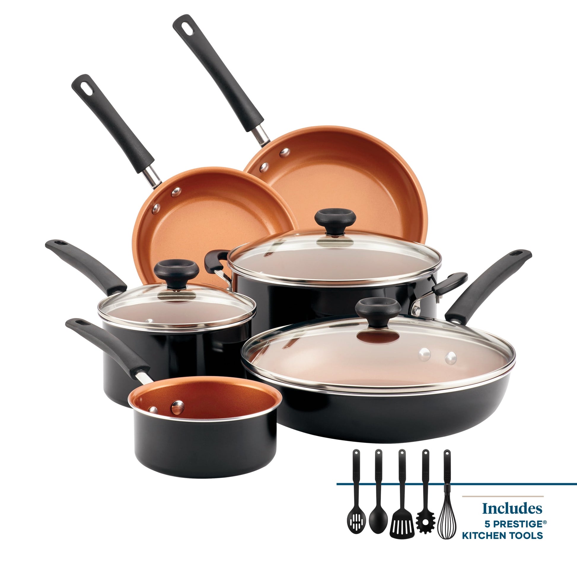 Farberware Easy Clean 14 Pcs Ceramic Nonstick Cookware Set with Cooking Tools, Dishwasher Safe, Black