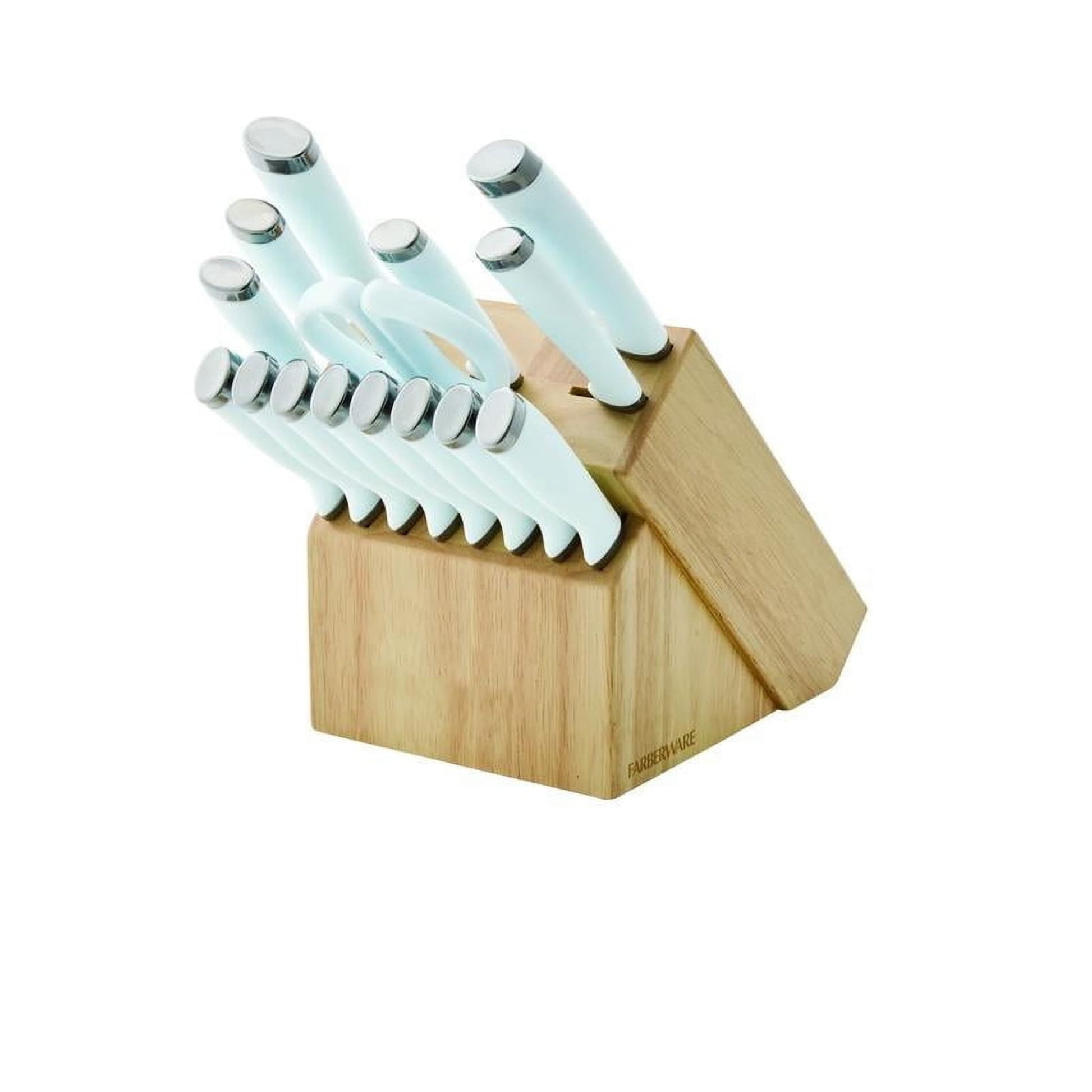 Farberware Classic 16-Piece Natural Knife Block Set with Kitchen Shears, Ice Blue