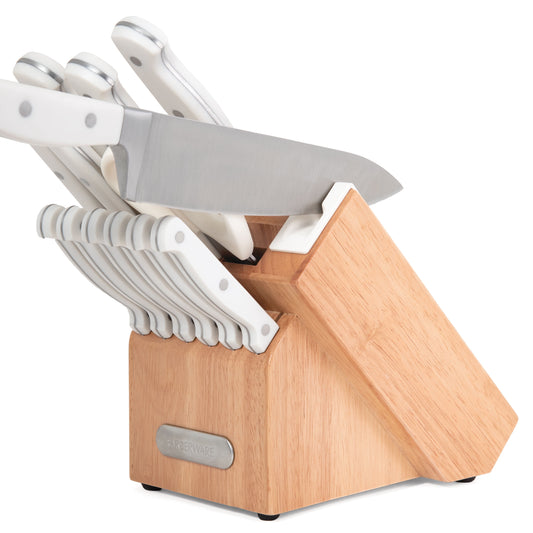 Farberware EdgeKeeper 14-Piece Forged Triple Rivet Kitchen Knife Set with Block, White
