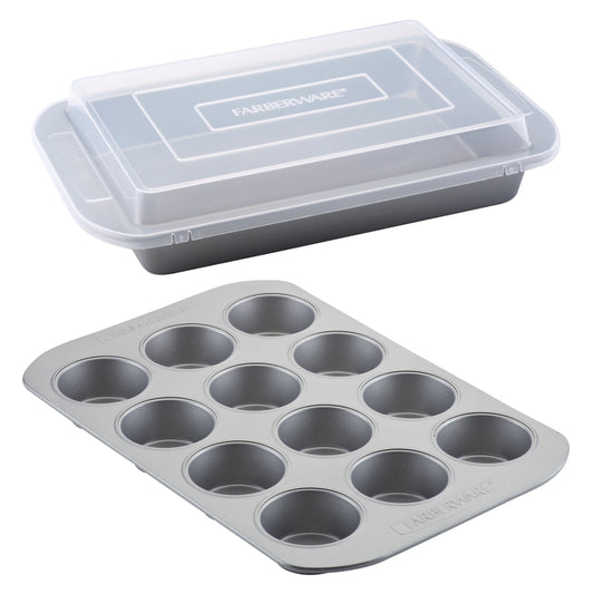 Farberware Nonstick Bakeware 3 Piece  Muffin Cake and Lasagna Pan Set, Gray