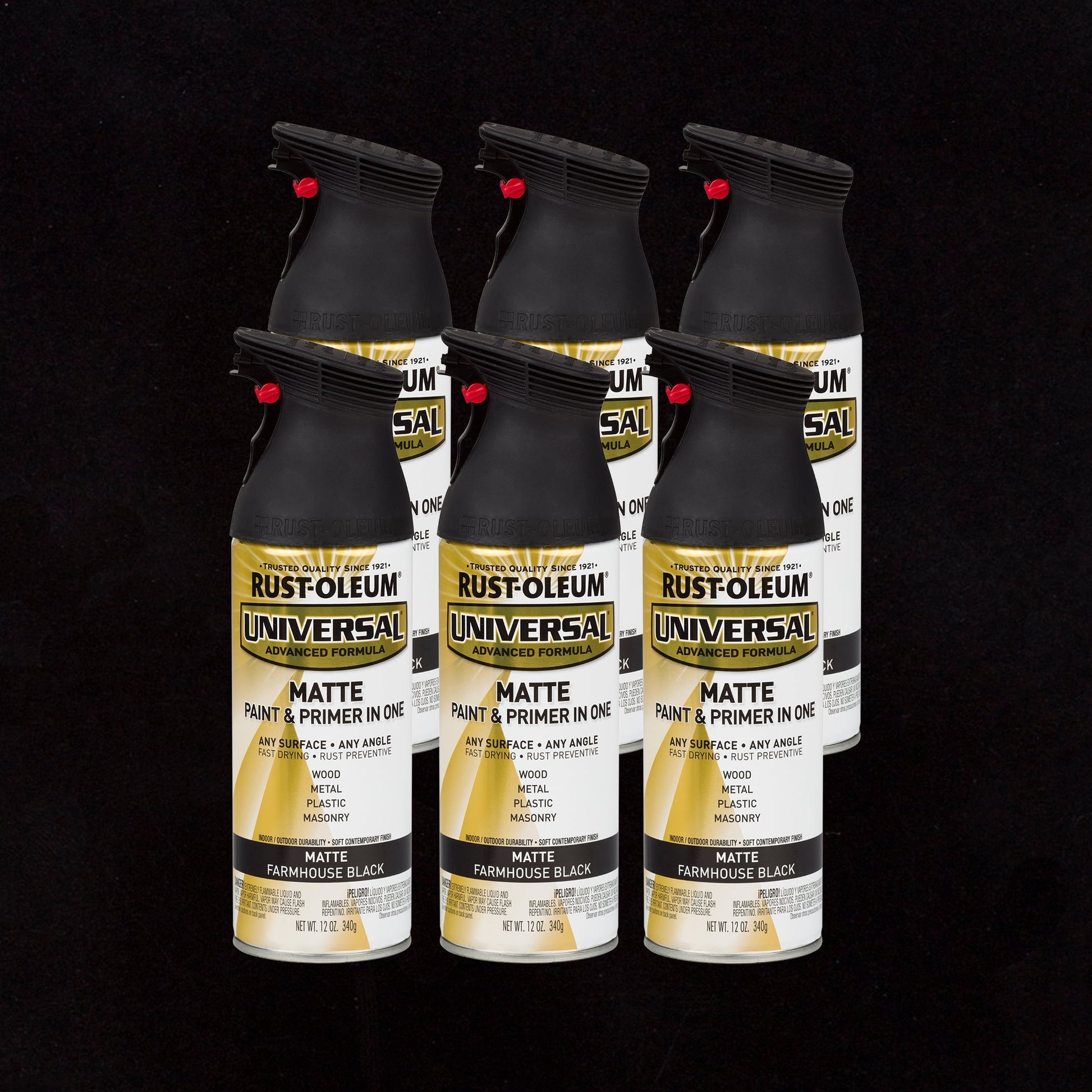 6 Pack, Farmhouse Black, Rust-Oleum Universal All Surface Interior/Exterior Matte Spray Paint-330505, 12 oz