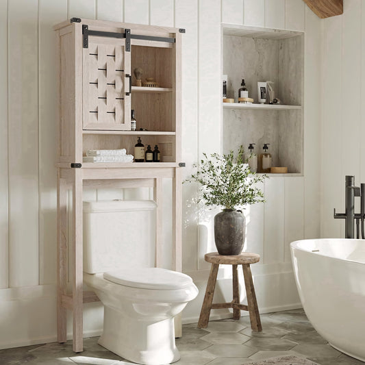 Caffoz Farmhouse Over-the-Toilet Bathroom Storage Cabinet, Space Saver Organizer with Sliding Barn Doors, Adjustable Shelves, Anti-Tip Device, Light Gray