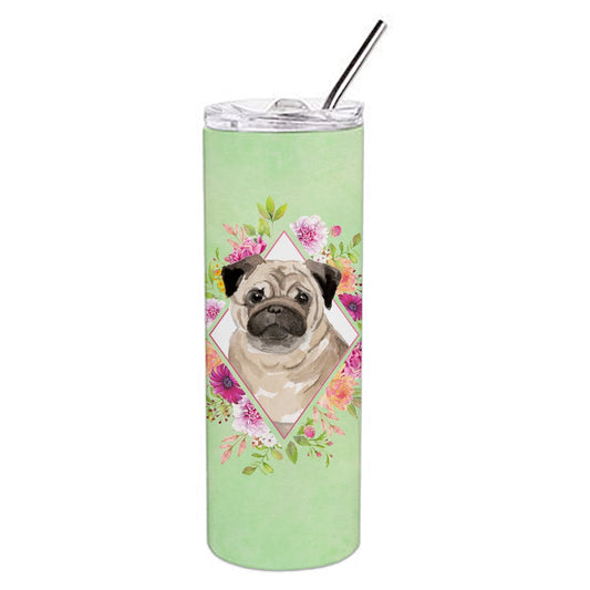 Fawn Pug Green Flowers Double Walled Stainless Steel 20 oz Skinny Tumbler
