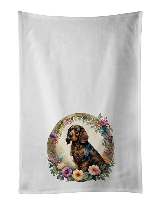 Field Spaniel and Flowers Kitchen Towel Set of 2 White Dish Towels 19 in x 28 in