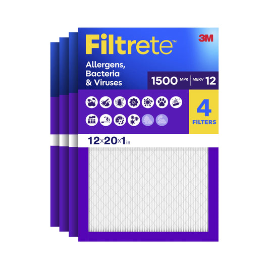 Filtrete 12x20x1 HVAC Furnace Air Filter, MPR 1500 MERV 12, Allergens, Bacteria & Viruses, 4 Pack