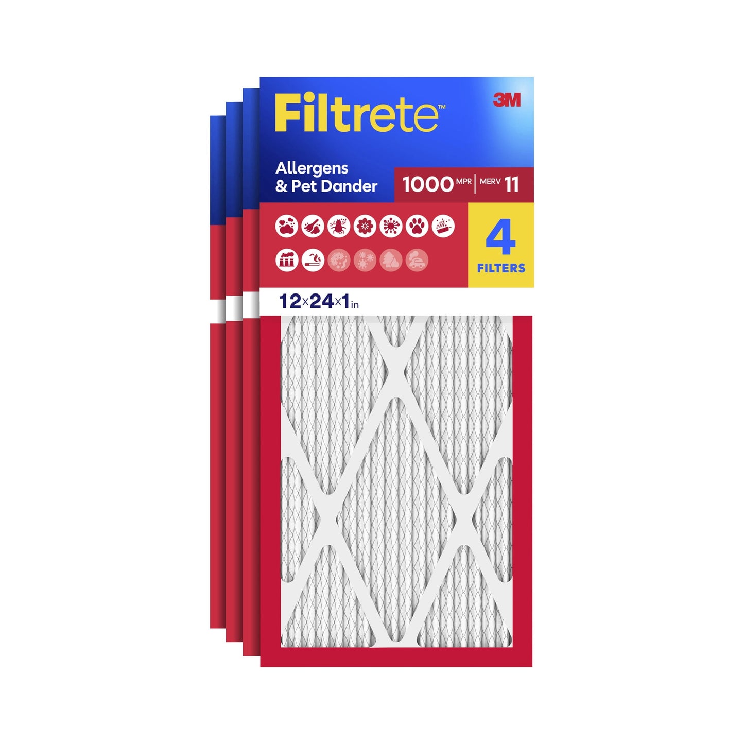 Filtrete 12x24x1 HVAC Furnace Air Filter, MPR 1000 MERV 11, Allergens & Pet Dander, 4 Pack
