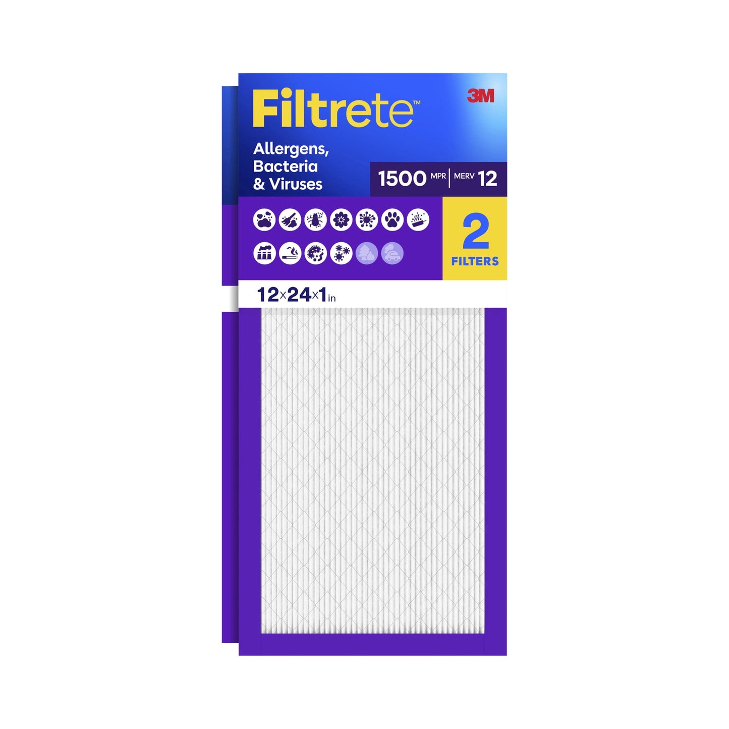 Filtrete 12x24x1 HVAC Furnace Air Filter, MPR 1500 MERV 12, Allergens, Bacteria & Viruses, 2 Pack
