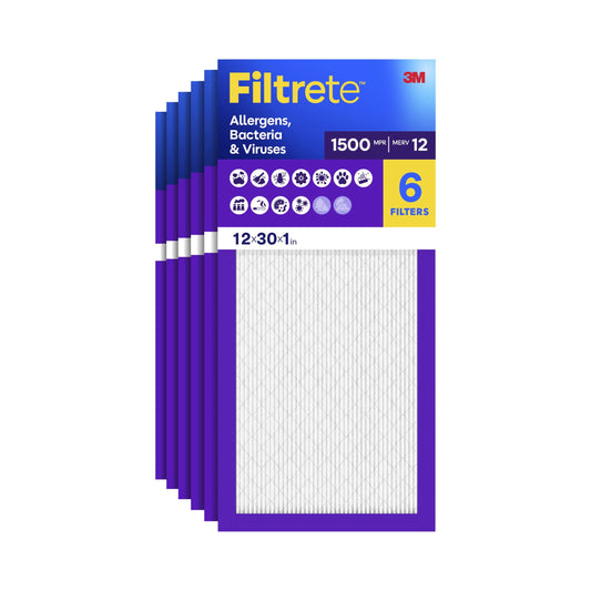 Filtrete 12x30x1 HVAC Furnace Air Filter, MPR 1500 MERV 12, Allergens, Bacteria & Viruses, 6 Pack