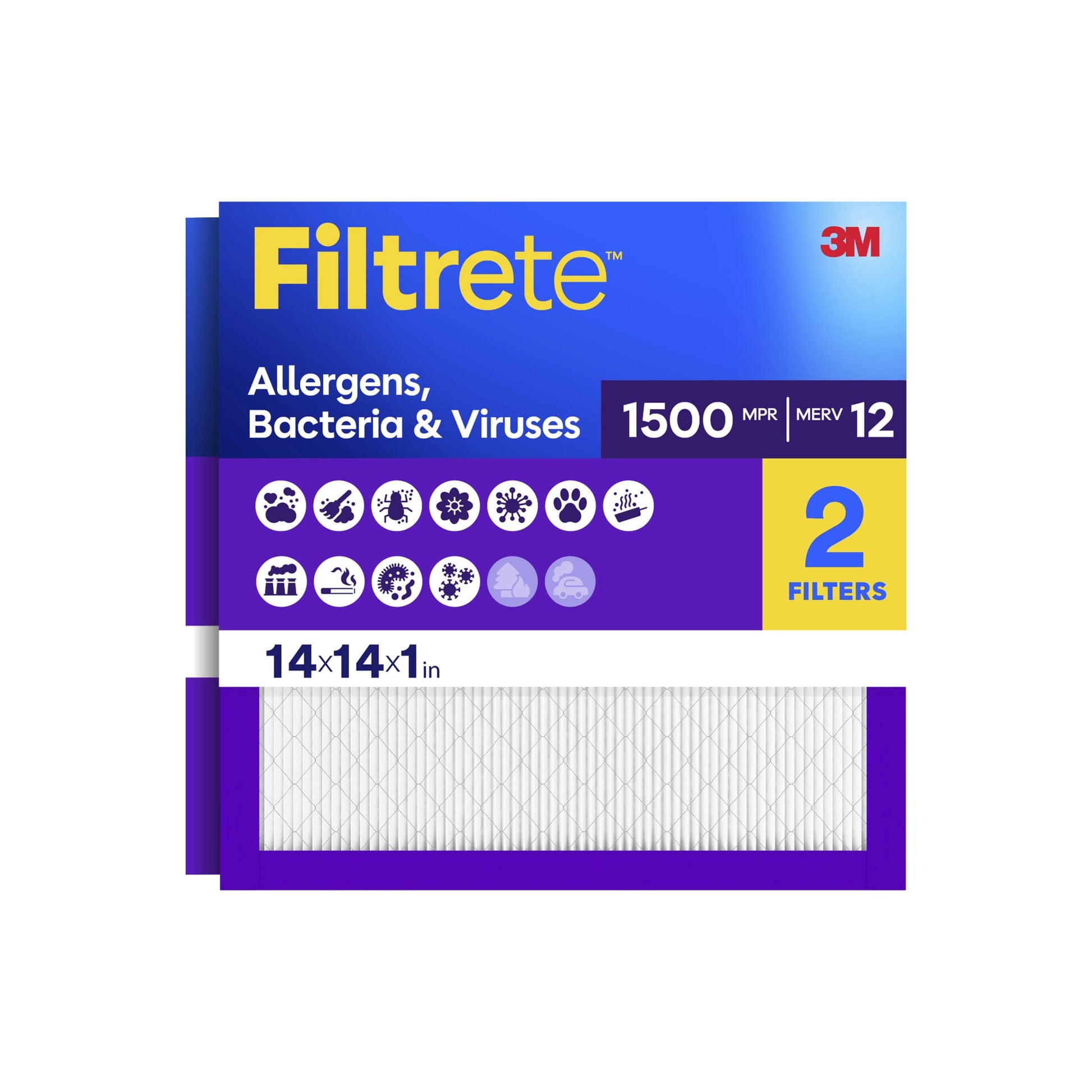 Filtrete 14x14x1 HVAC Furnace Air Filter, MPR 1500 MERV 12, Allergens, Bacteria & Viruses, 2 Pack