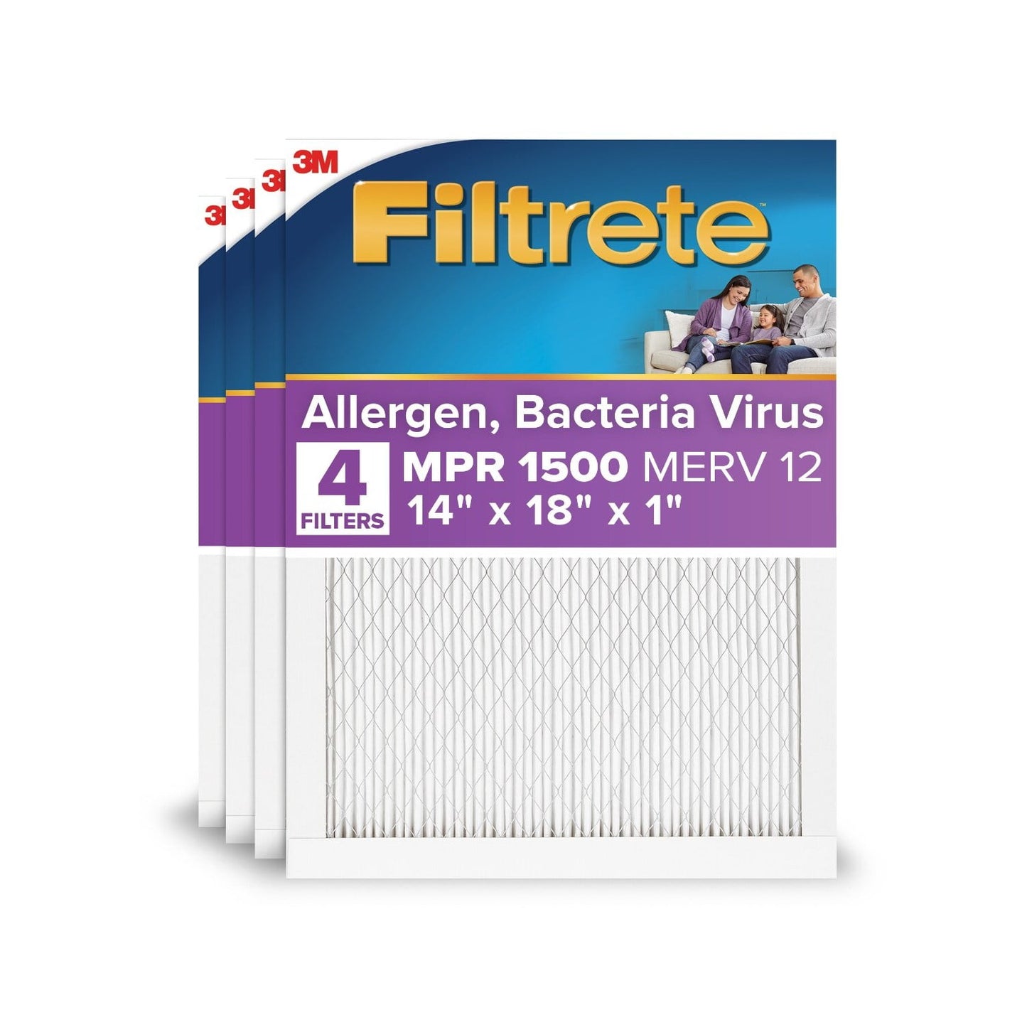 Filtrete 14x18x1 HVAC Furnace Air Filter, MPR 1500 MERV 12, Allergen, Bacteria, Virus, 4 Pack