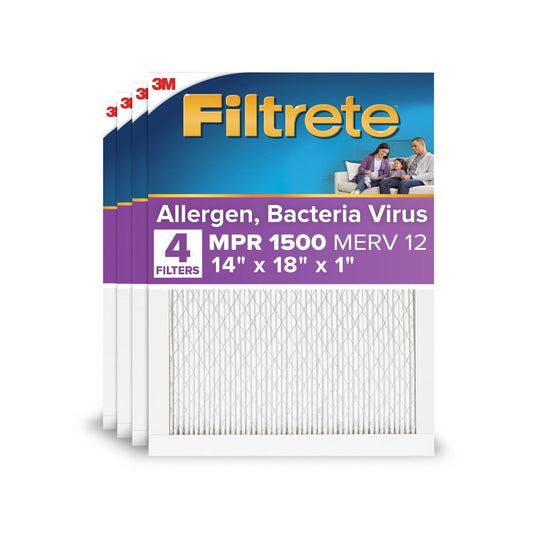 Filtrete 14x18x1 HVAC Furnace Air Filter, MPR 1500 MERV 12, Allergen, Bacteria, Virus, 4 Pack