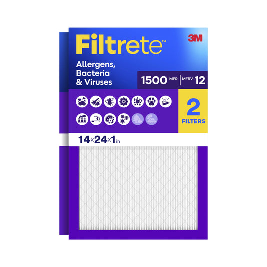 Filtrete 14x24x1 HVAC Furnace Air Filter, MPR 1500 MERV 12, Allergens, Bacteria & Viruses, 2 Pack