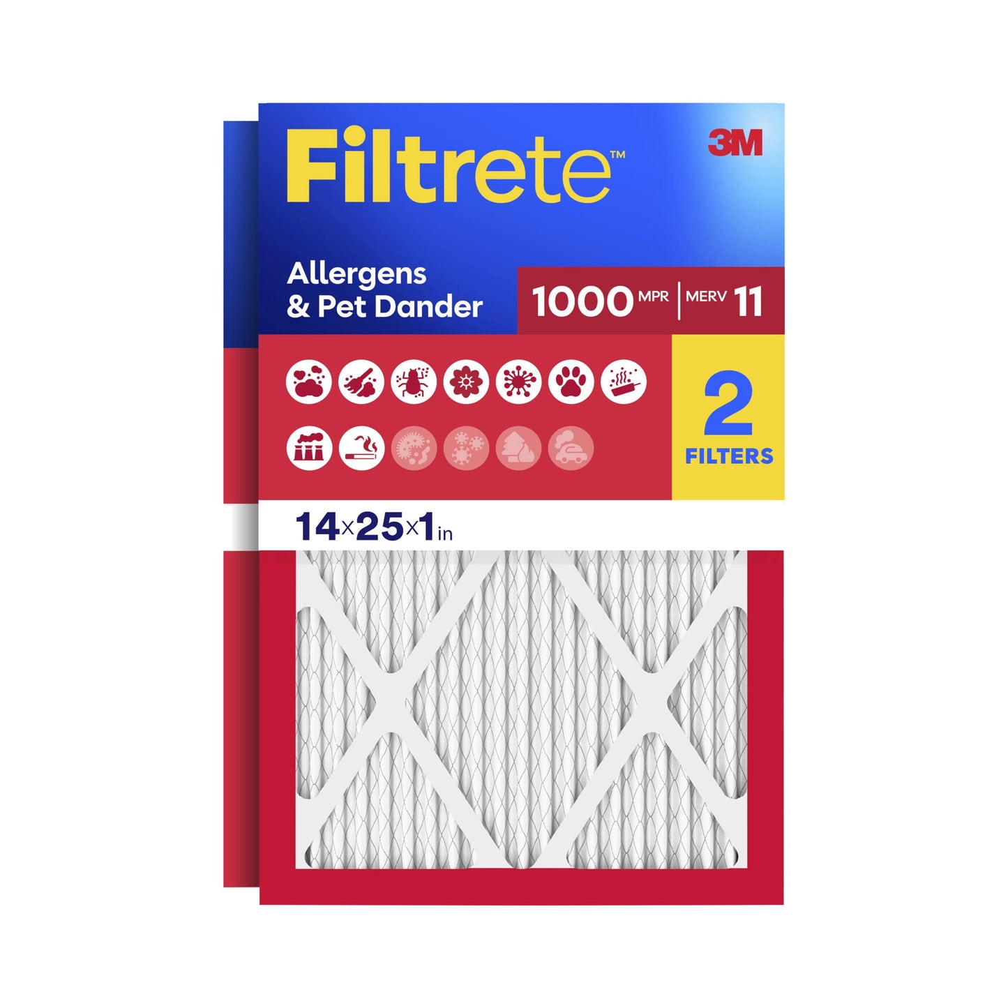 Filtrete 14x25x1 HVAC Furnace Air Filter, MPR 1000 MERV 11, Allergens & Pet Dander, 2 Pack