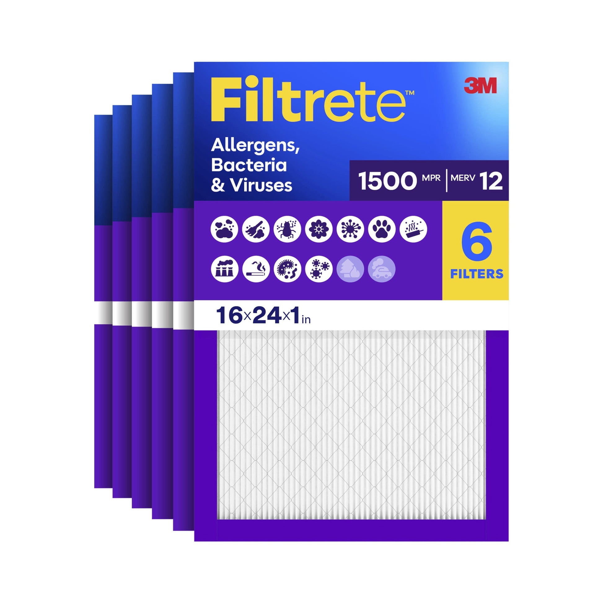 Filtrete 16x24x1 HVAC Furnace Air Filter, MPR 1500 MERV 12, Allergens, Bacteria & Viruses, 6 Pack