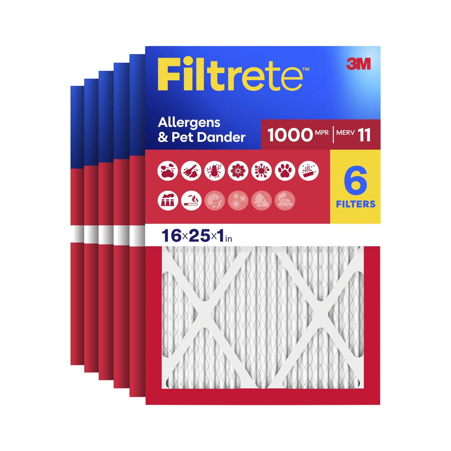 Filtrete 16x25x1 HVAC Furnace Air Filter, MPR 1000 MERV 11, Allergens & Pet Dander, 6 Pack