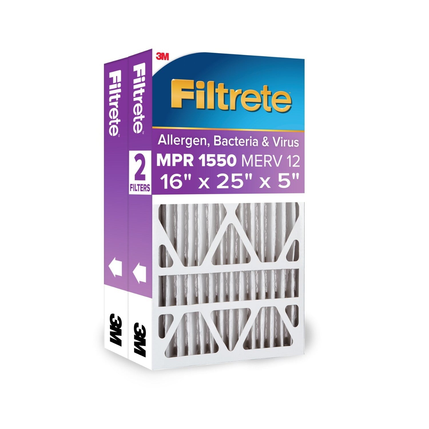 Filtrete Filtro de Aire para Horno HVAC 16x25x5, MPR 1550 MERV 12, AlÃ©rgenos, Bacterias y Virus, Paquete de 2
