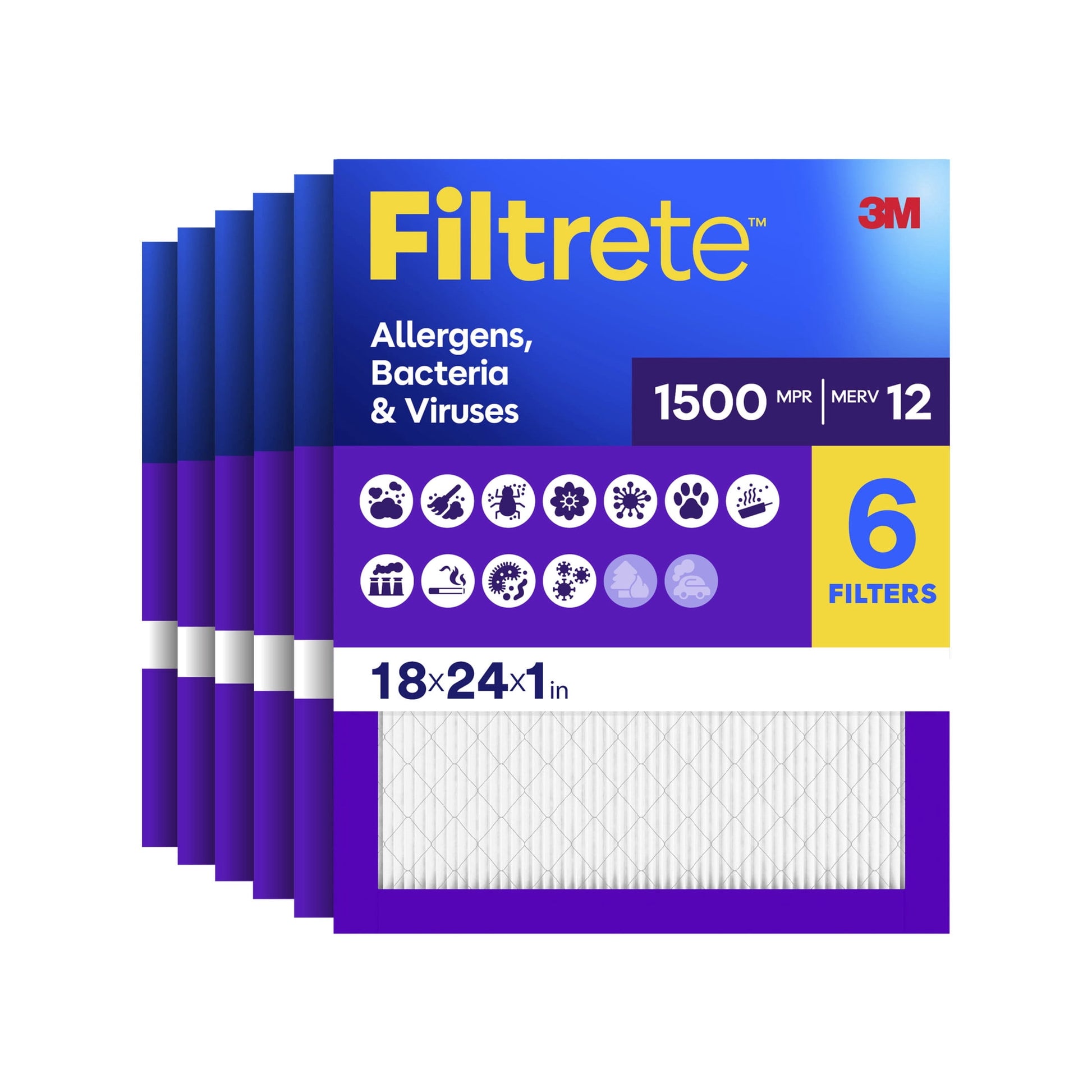 Filtrete 18x24x1 HVAC Furnace Air Filter, MPR 1500 MERV 12, Allergens, Bacteria & Viruses, 6 Pack