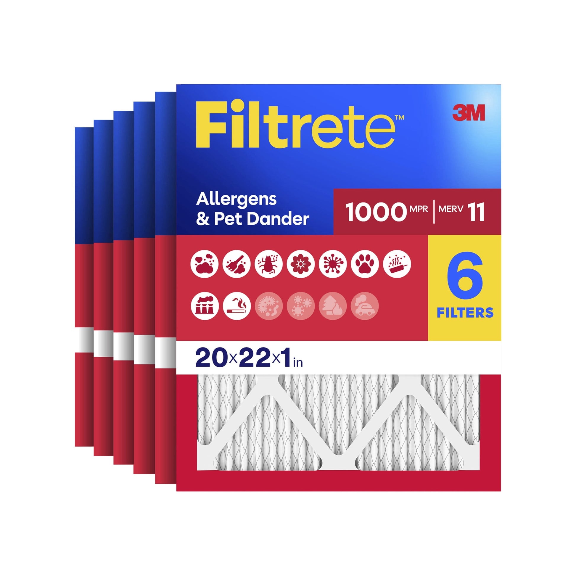 Filtrete 20x22x1 HVAC Furnace Air Filter, MPR 1000 MERV 11, Allergens & Pet Dander, 6 Pack