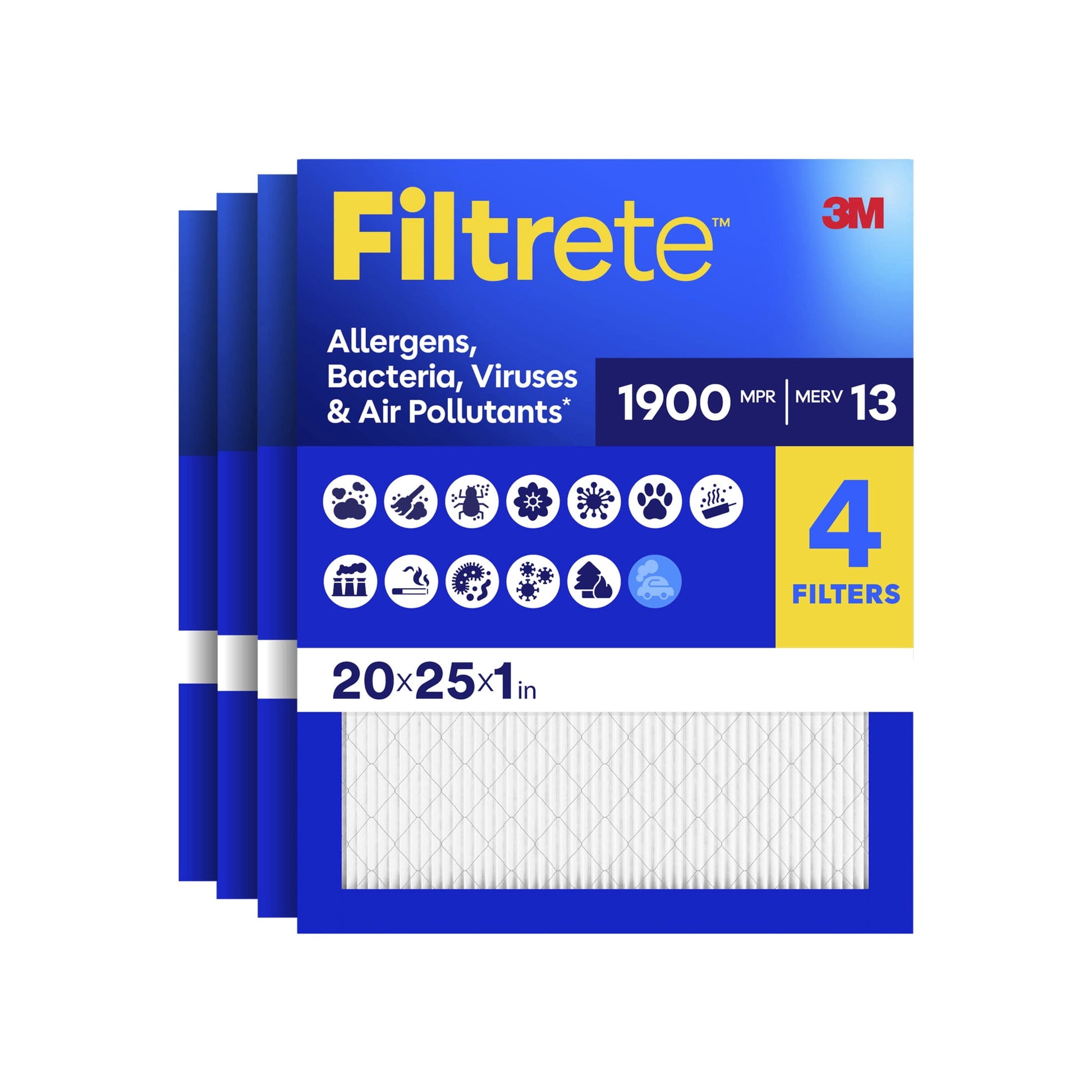 Filtrete 20x25x1 HVAC Furnace Air Filter, MPR 1900 MERV 13, Allergens Bacteria, Viruses & Air Pollutants, 4 Pack
