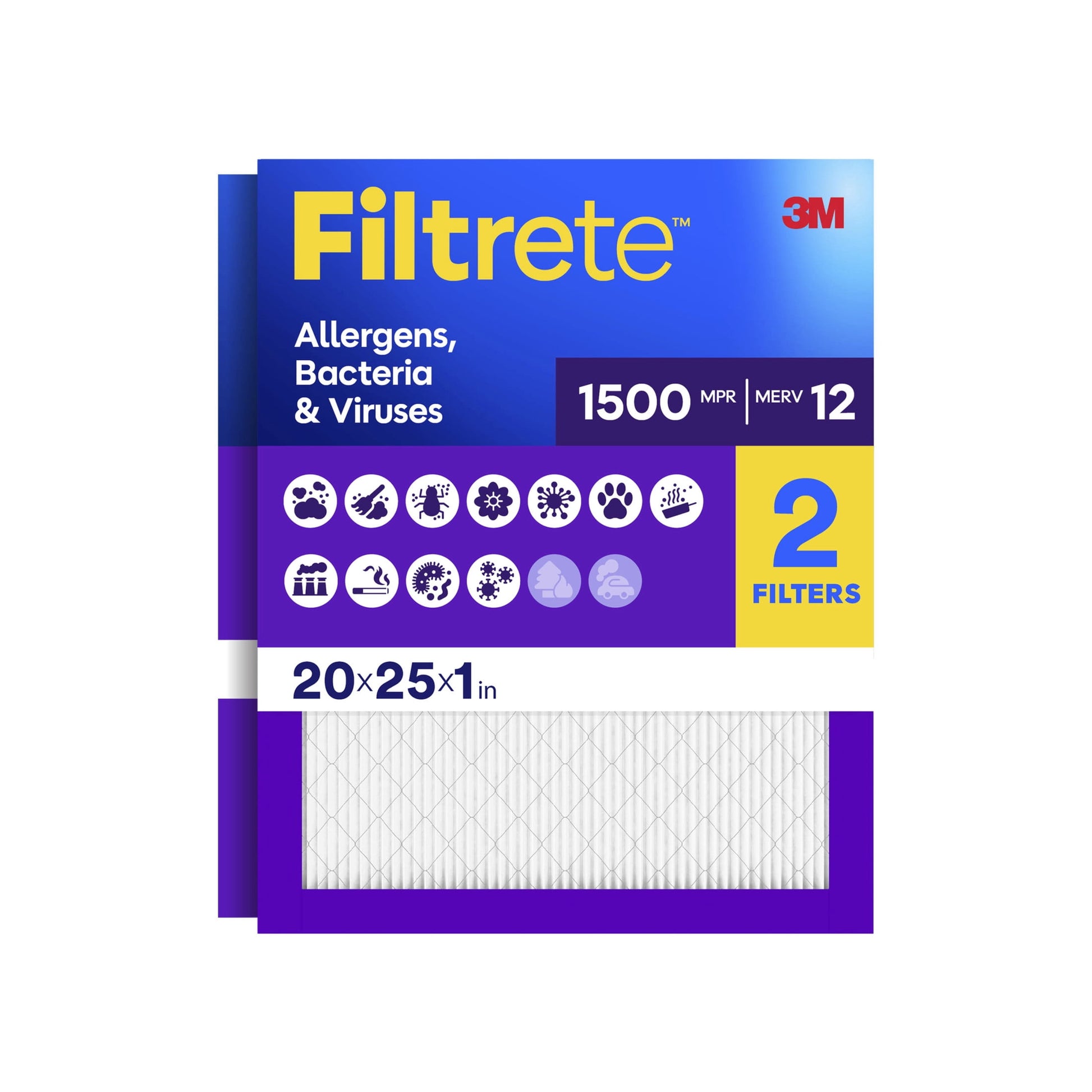 Filtrete 20x25x1 HVAC Furnace Air Filter, MPR 1500 MERV 12, Allergens, Bacteria & Viruses, 2 Pack