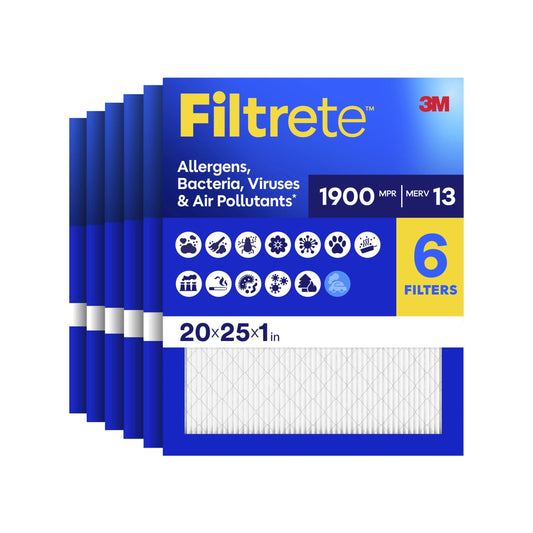 Filtrete 20x25x1 HVAC Furnace Air Filter, MPR 1900 MERV 13, Allergens Bacteria, Viruses & Air Pollutants, 6 Pack