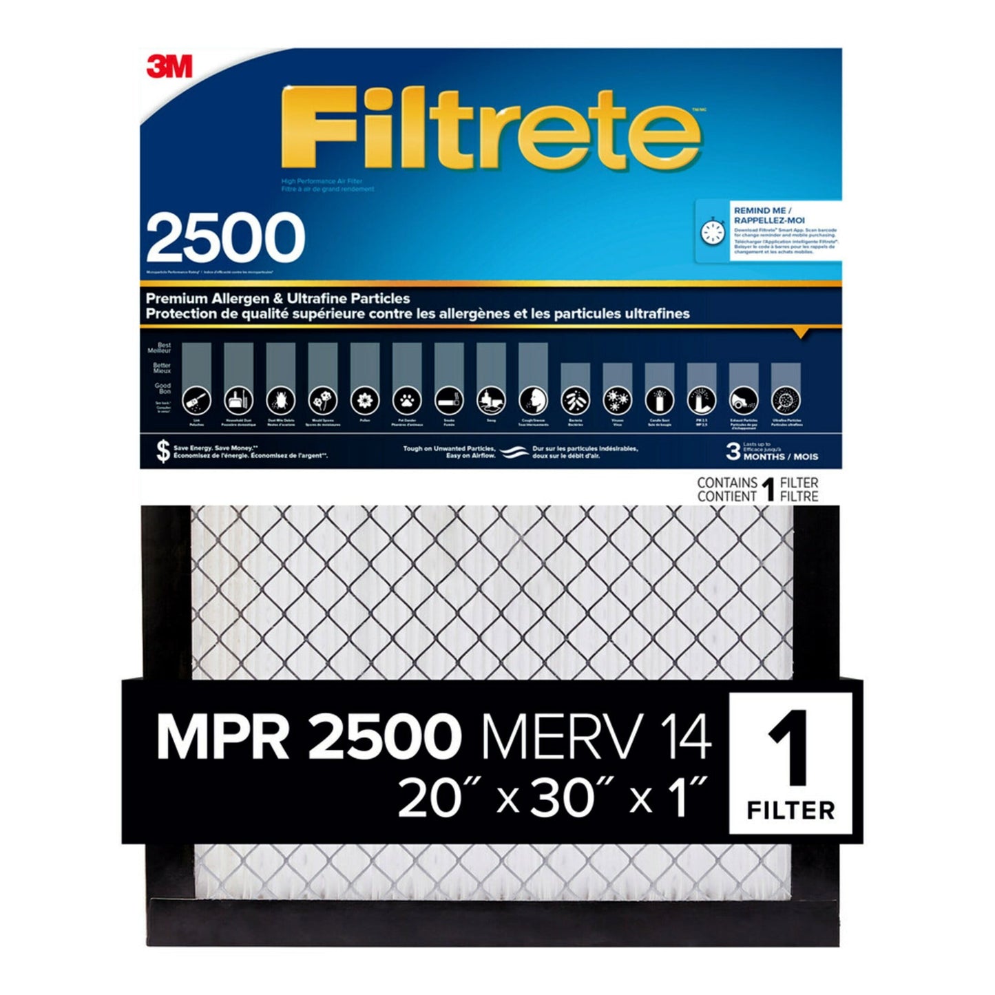 Filtrete Filtro de Aire 20x30x1, MPR 2500 MERV 14, AlÃ©rgenos Premium y PartÃ­culas Ultrafinas, 1 Filtro