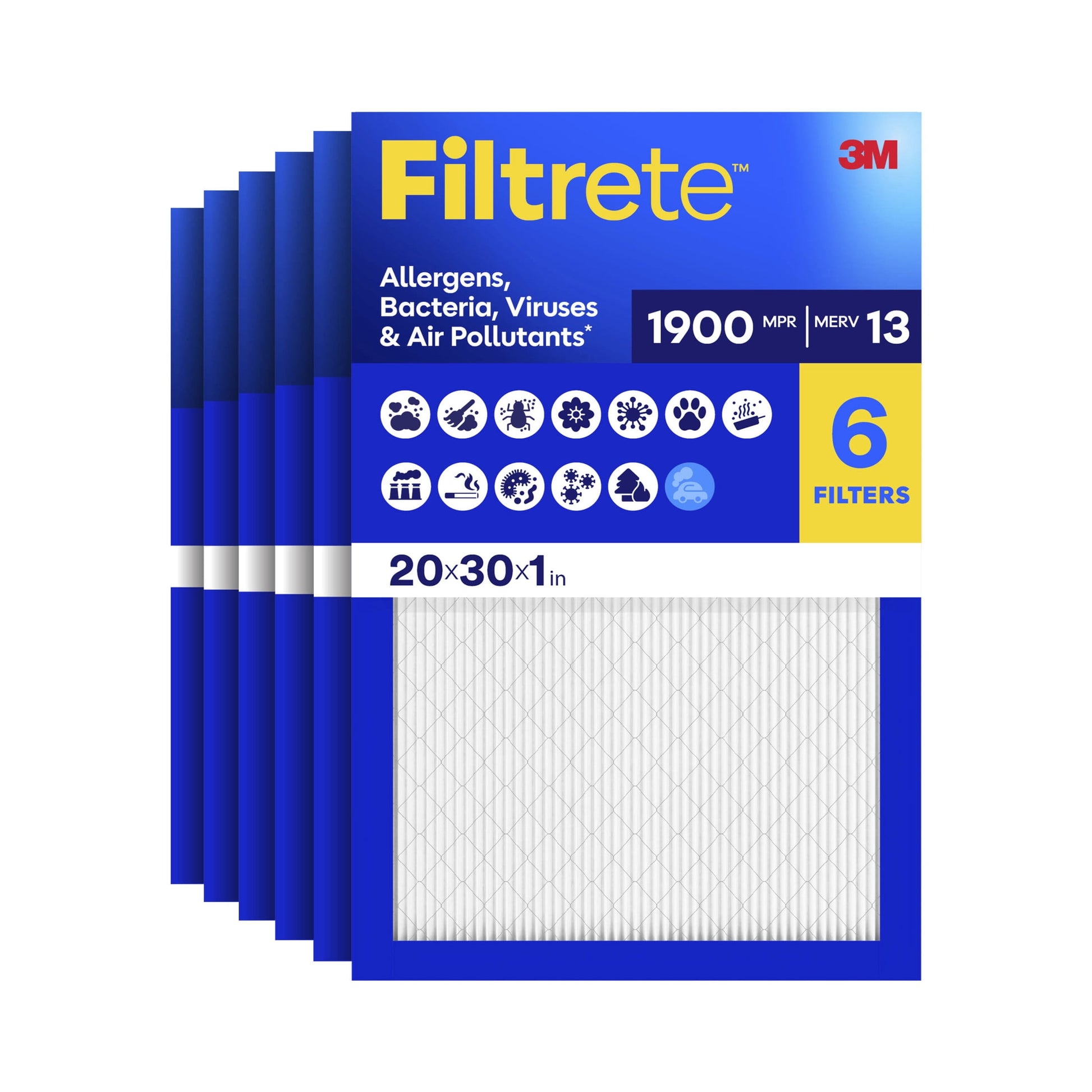 Filtrete 20x30x1 HVAC Furnace Air Filter, MPR 1900 MERV 13, Allergens Bacteria, Viruses & Air Pollutants, 6 Pack