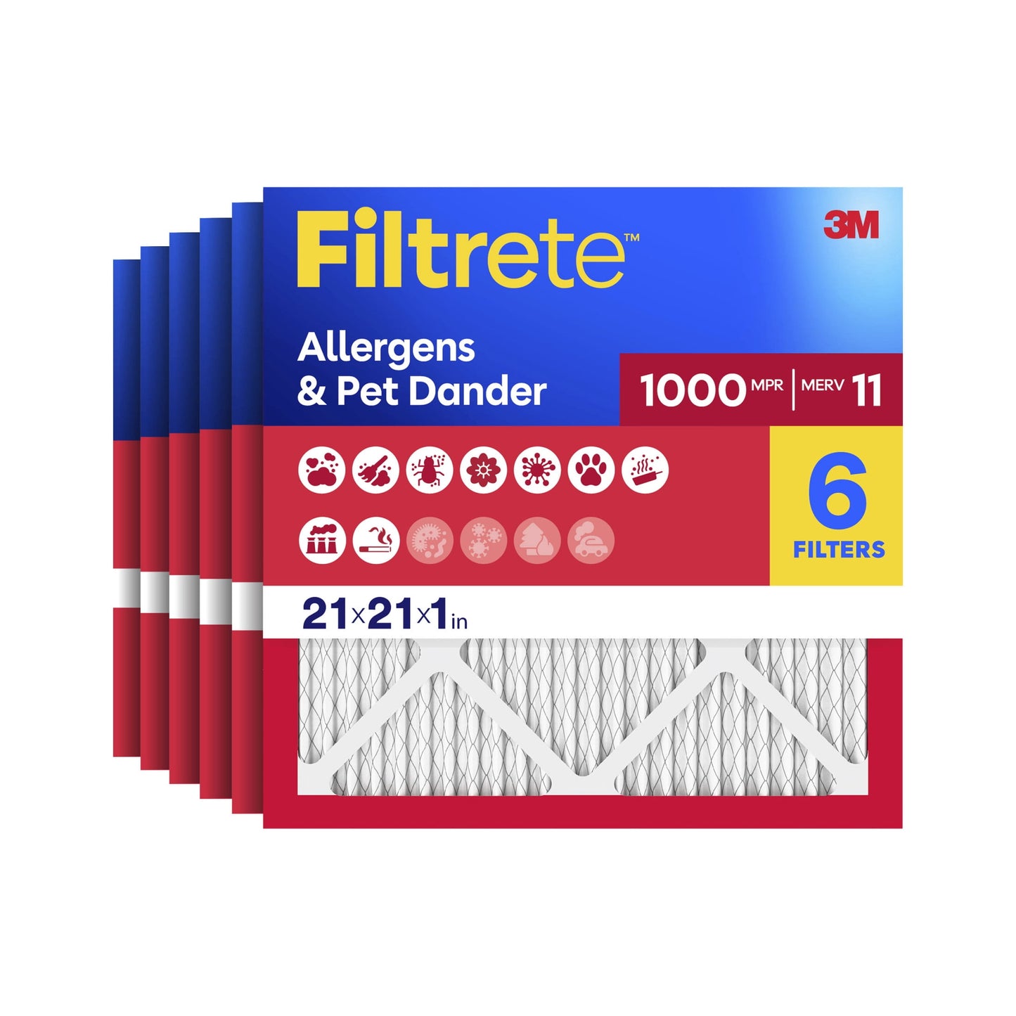 Filtrete 21x21x1 HVAC Furnace Air Filter, MPR 1000 MERV 11, Allergens & Pet Dander, 6 Pack