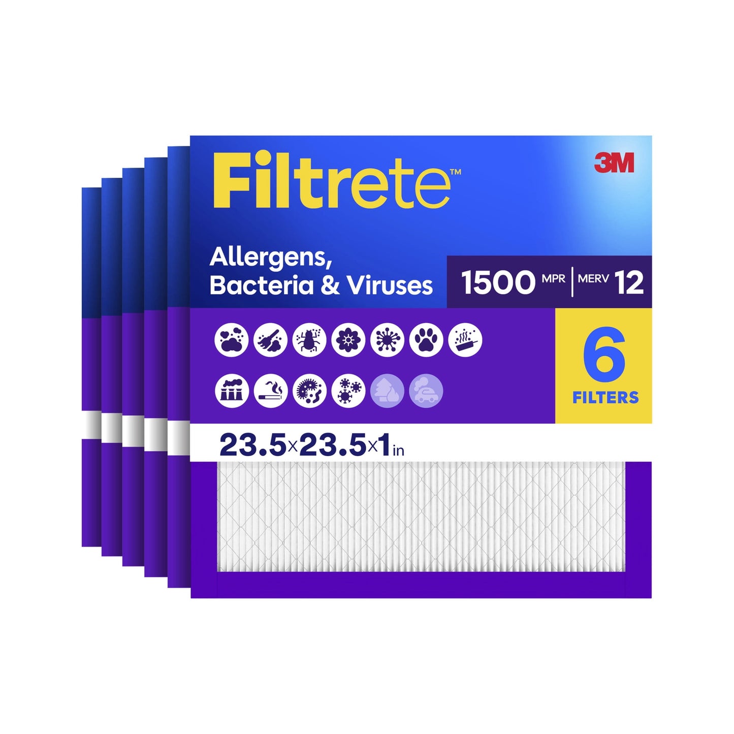 Filtrete 23.5x23.5x1 HVAC Furnace Air Filter, MPR 1500 MERV 12, Allergens, Bacteria & Viruses, 6 Pack