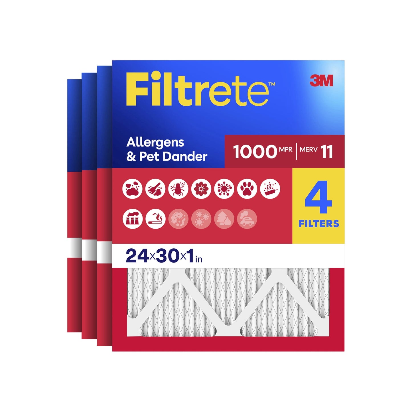 Filtrete 24x30x1 HVAC Furnace Air Filter, MPR 1000 MERV 11, Allergens & Pet Dander, 4 Pack