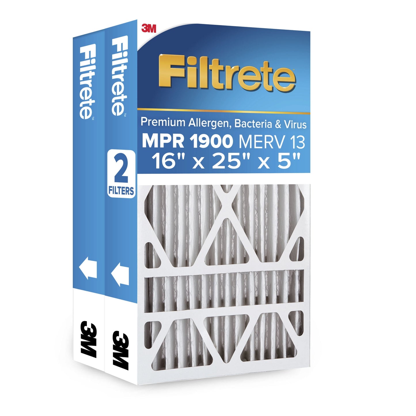 Filtrete 16x25x5 HVAC Furnace Air Filter, MPR 1900 MERV 13, Premium Allergen, Bacteria & Virus, 2 Pack