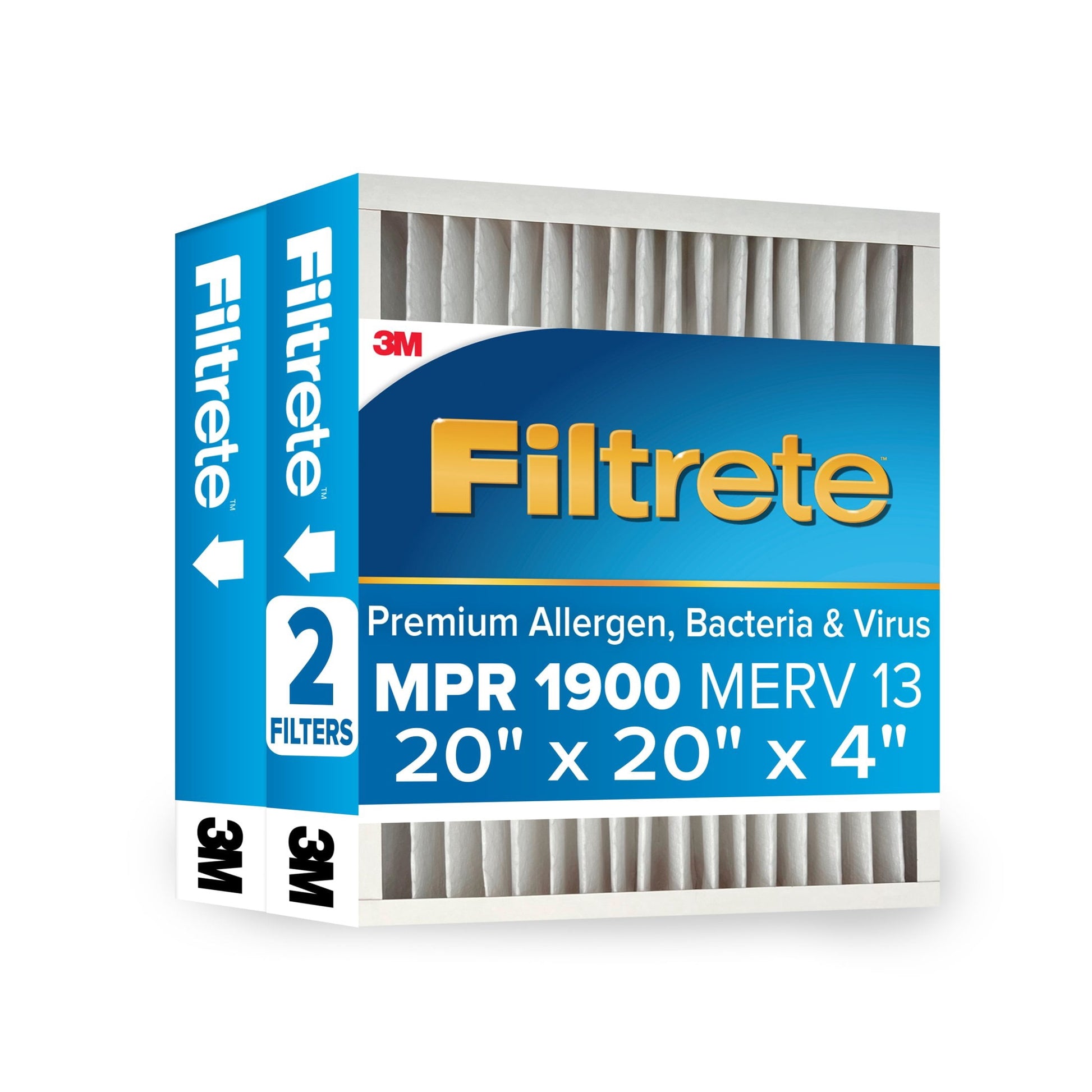 Filtrete 20x20x4 HVAC Furnace Air Filter, MPR 1900 MERV 13, Premium Allergen, Bacteria & Virus, 2 Pack