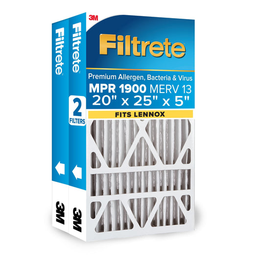 Filtrete 20x25x5 Fits Lennox HVAC Furnace Air Filter, MPR 1900 MERV 13, Premium Allergen, Bacteria & Virus, 2 Lennox Filters (Actual size 19.63 x 24.75 x 4.31 in.)