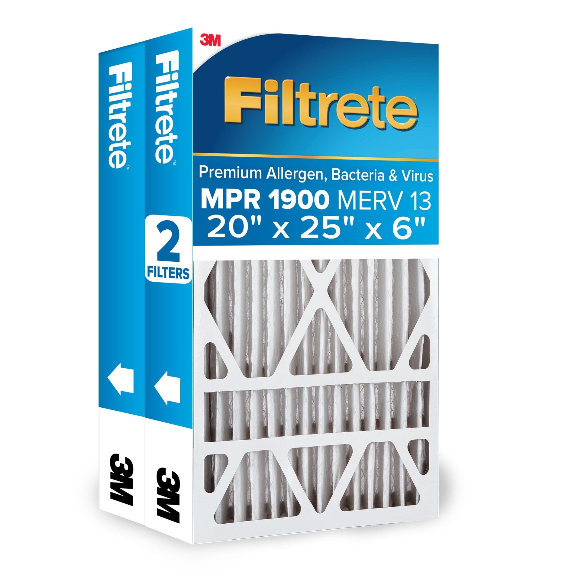 Filtrete 20x25x6 HVAC Furnace Air Filter, MPR 1900 MERV 13, Premium Allergen, Bacteria and Virus, 2 Filters