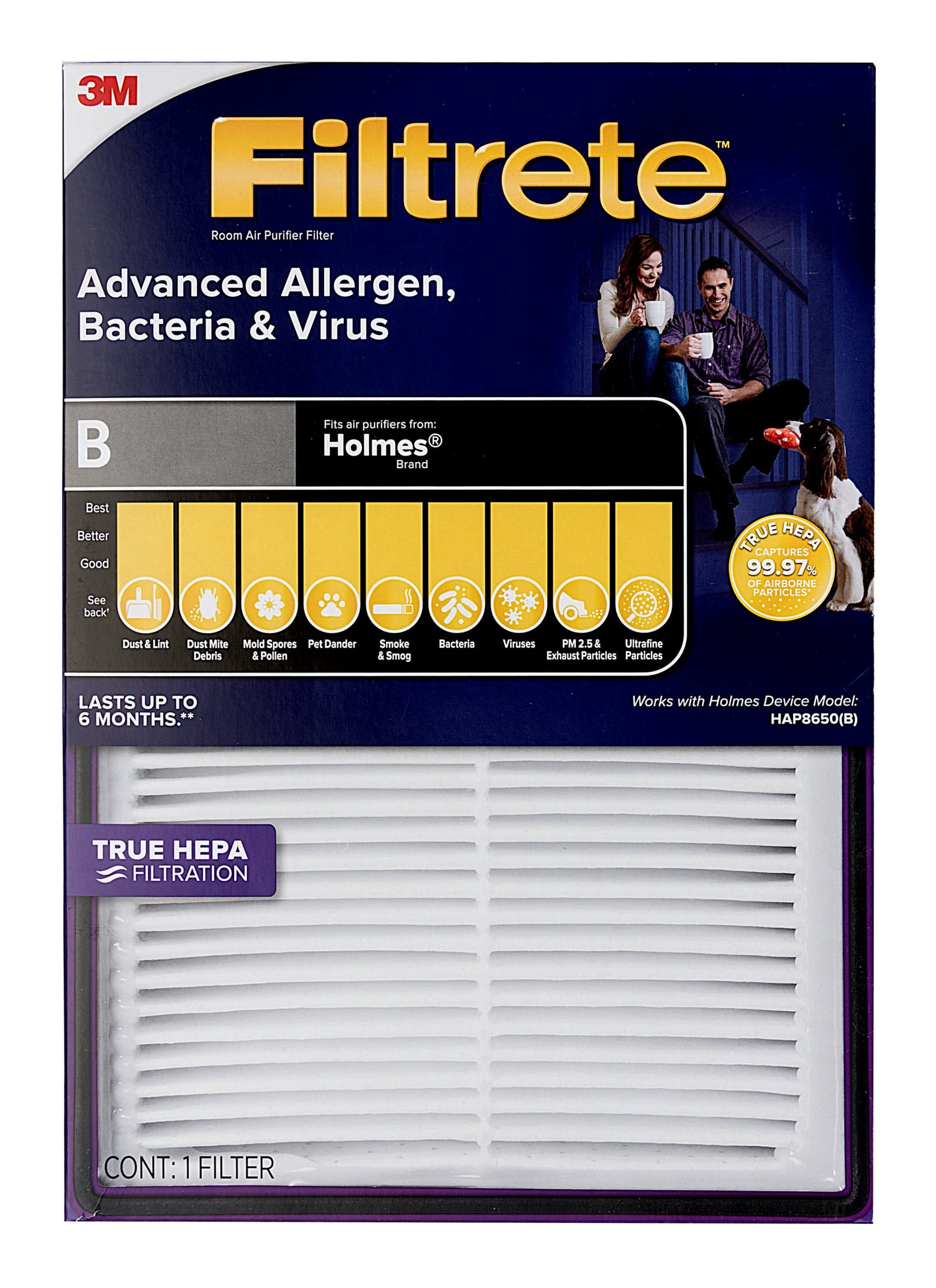 Filtrete by 3M Allergen, Bacteria & Virus True HEPA Air Purifier Filter, Replaces Size B Filters, 2 Pack