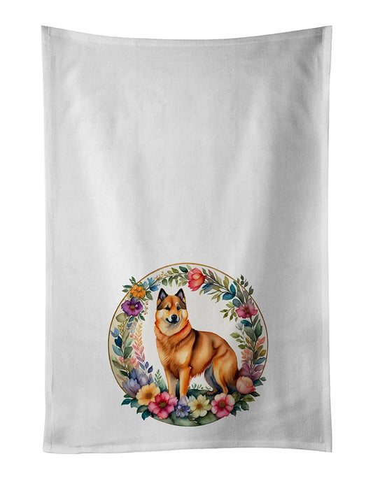 Finnish Spitz and Flowers Kitchen Towel Set of 2 White Dish Towels 19 in x 28 in