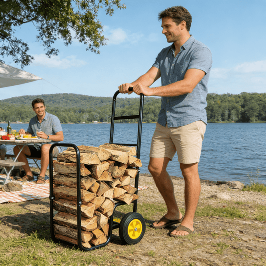 Firewood Log Cart Carrier, Outdoor or Indoor Black Steel Wood Rack Storage Mover, Rolling Wheeled Metal Dolly Hauler, Wood Moving Equipment