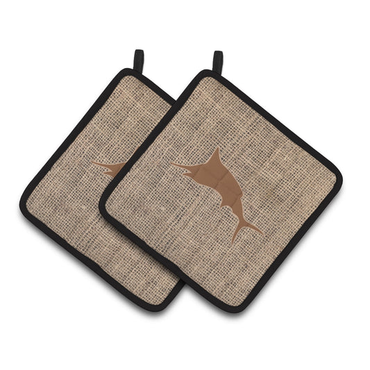 Fish - Marlin Faux Burlap and Brown Pair of Pot Holders