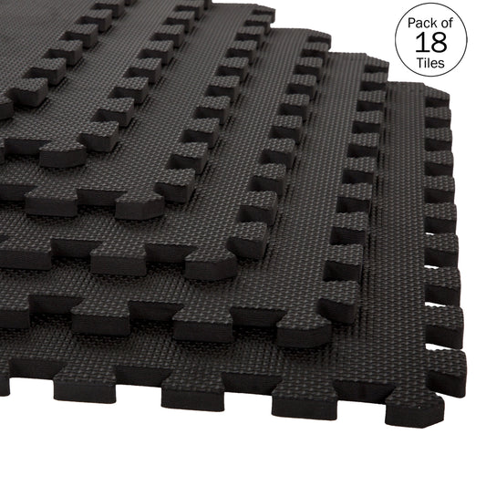Foam Flooring Tiles â€“ 18-Pack Interlocking EVA Foam Pieces â€“ Non-Toxic Floor Padding for Playroom, Gym, or Basement by Stalwart (Black)
