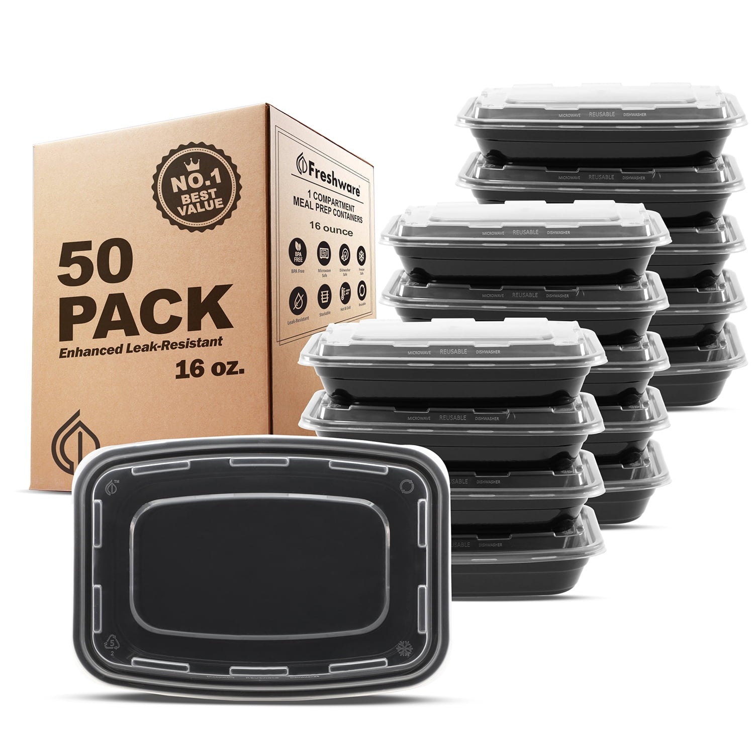 Freshware 1-Compartment Meal Prep Containers 50 pack - BPA Free, Stackable, Microwave/Dishwasher/Freezer Safe 16 Ounce