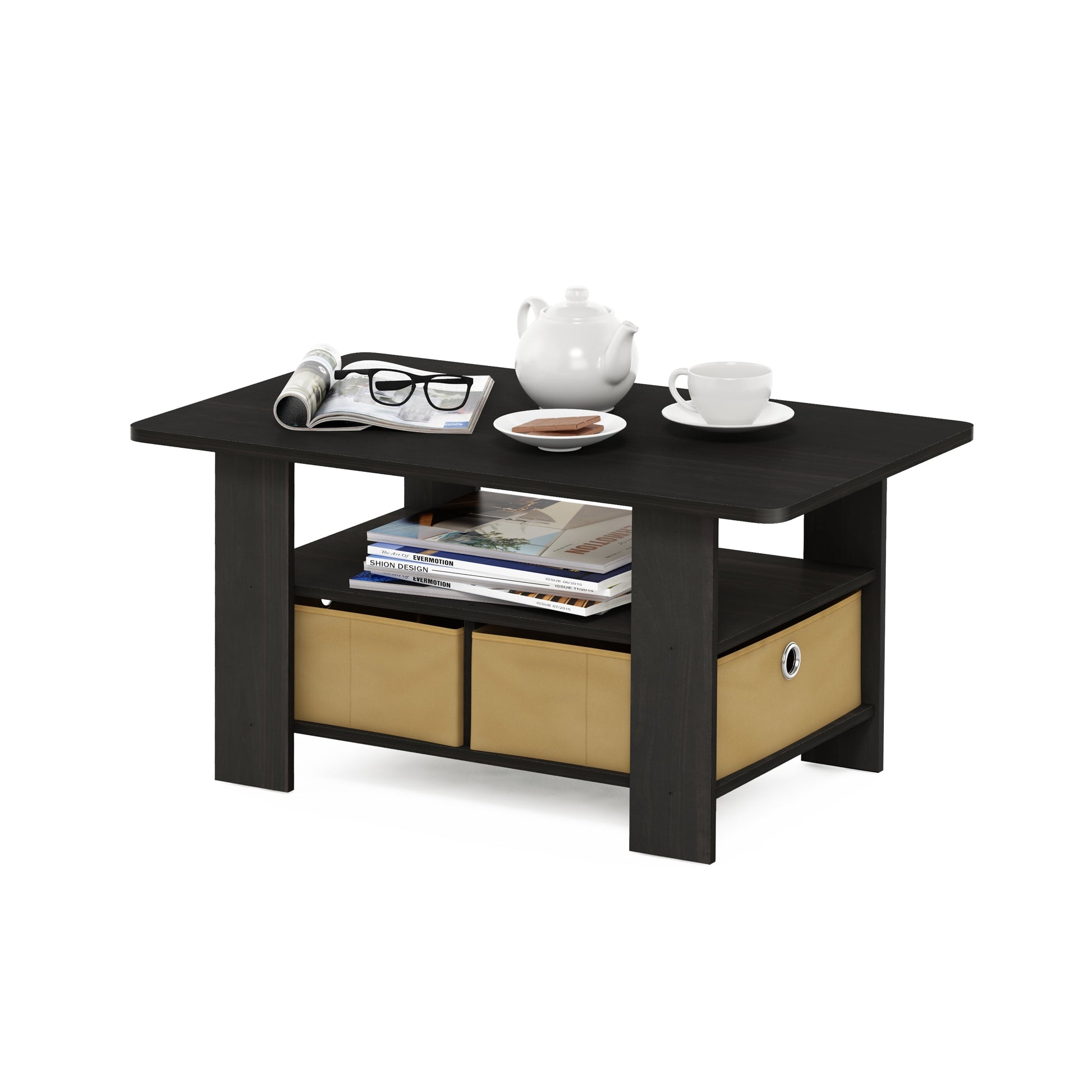 Furinno Andrey Coffee Table with Bin Drawer, Black/Beige