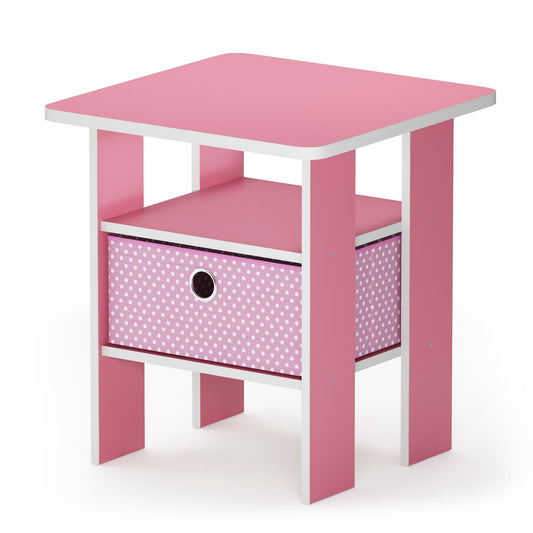 Furinno Andrey Engineered Wood End Table with Bin Drawer in Light Pink