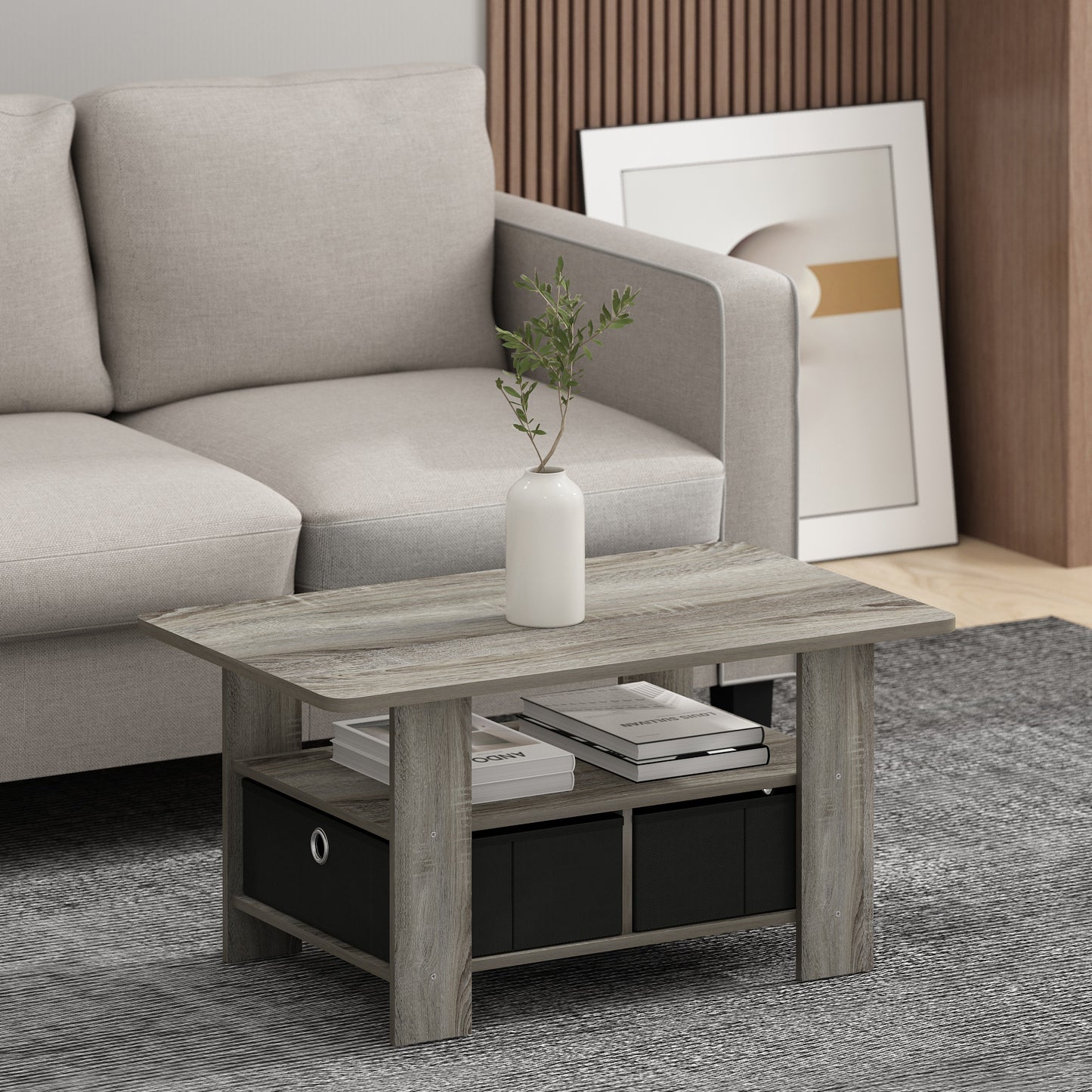Furinno Andrey Coffee Table with Bin Drawer, French Oak/Black