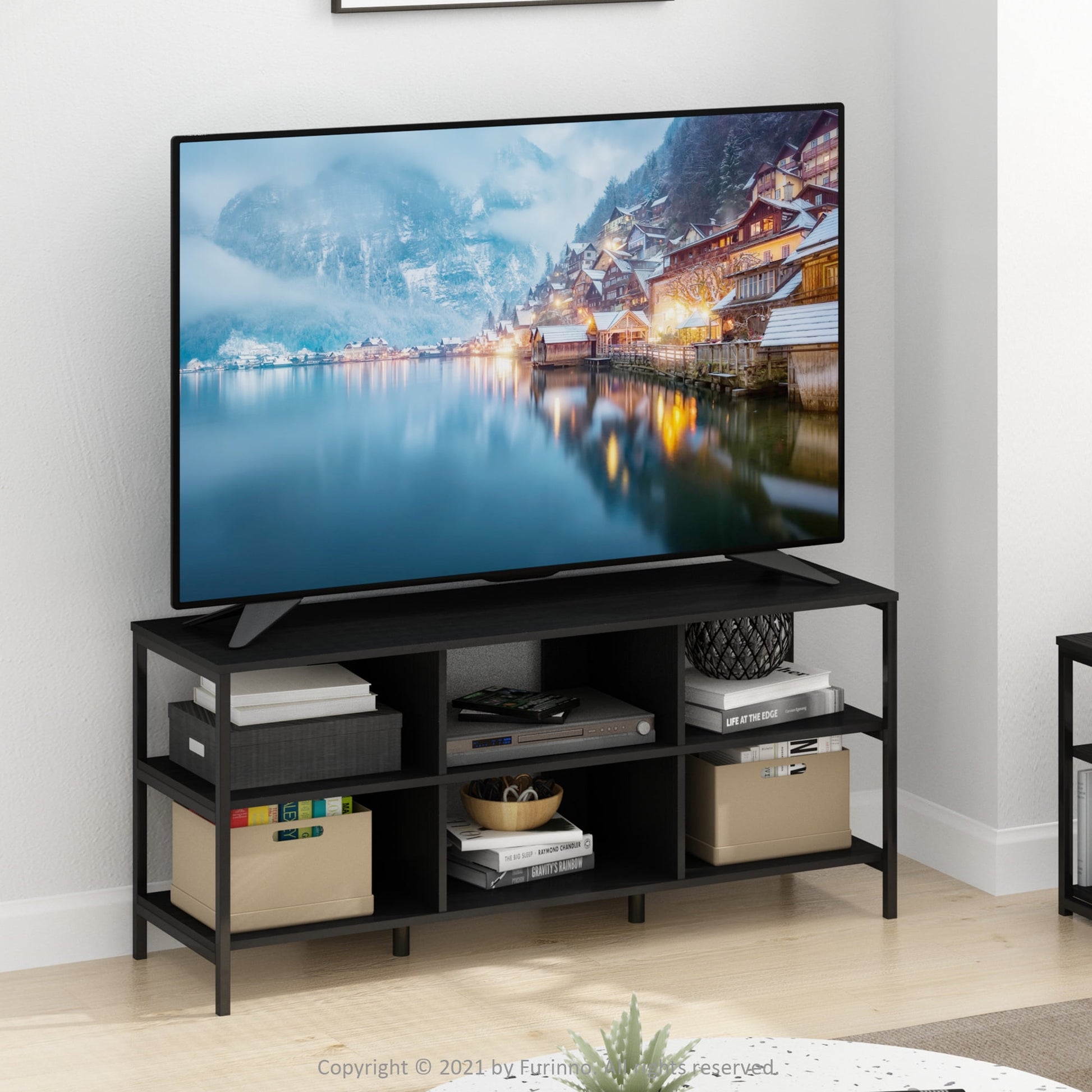 Furinno Classic Modern Living TV Stand, TV Entertainment Center with Open Shelves, for TVs up to 60 Inch, Americano/Black