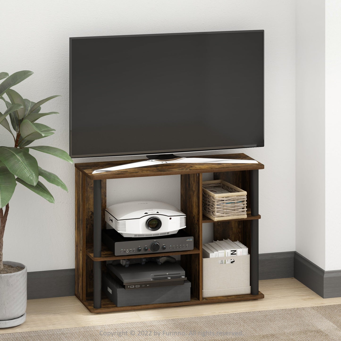 Furinno Classic TV Stand with Plastic Poles for TV up to 40-Inch, Amber Pine/Black