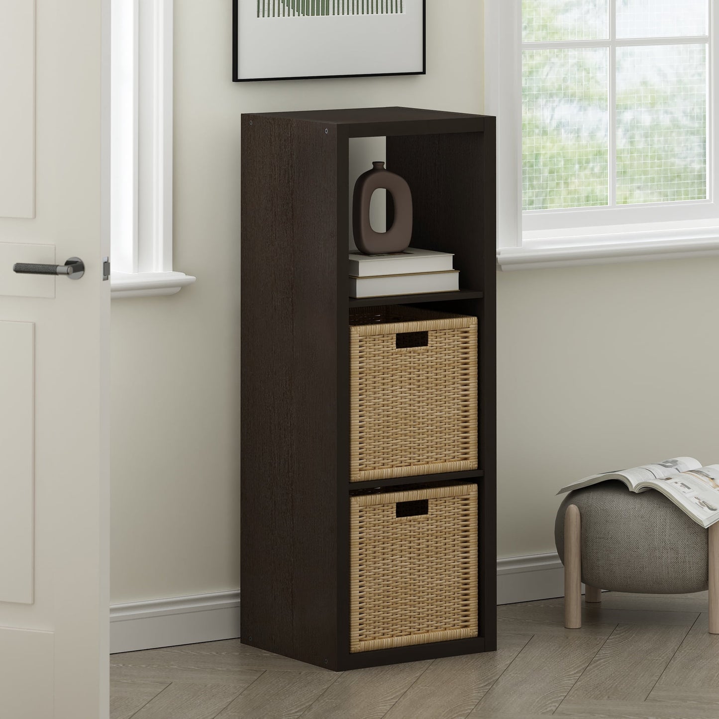 Furinno Cubicle Open Back Decorative Cube Storage Organizer in 3-Cube Dark Oak