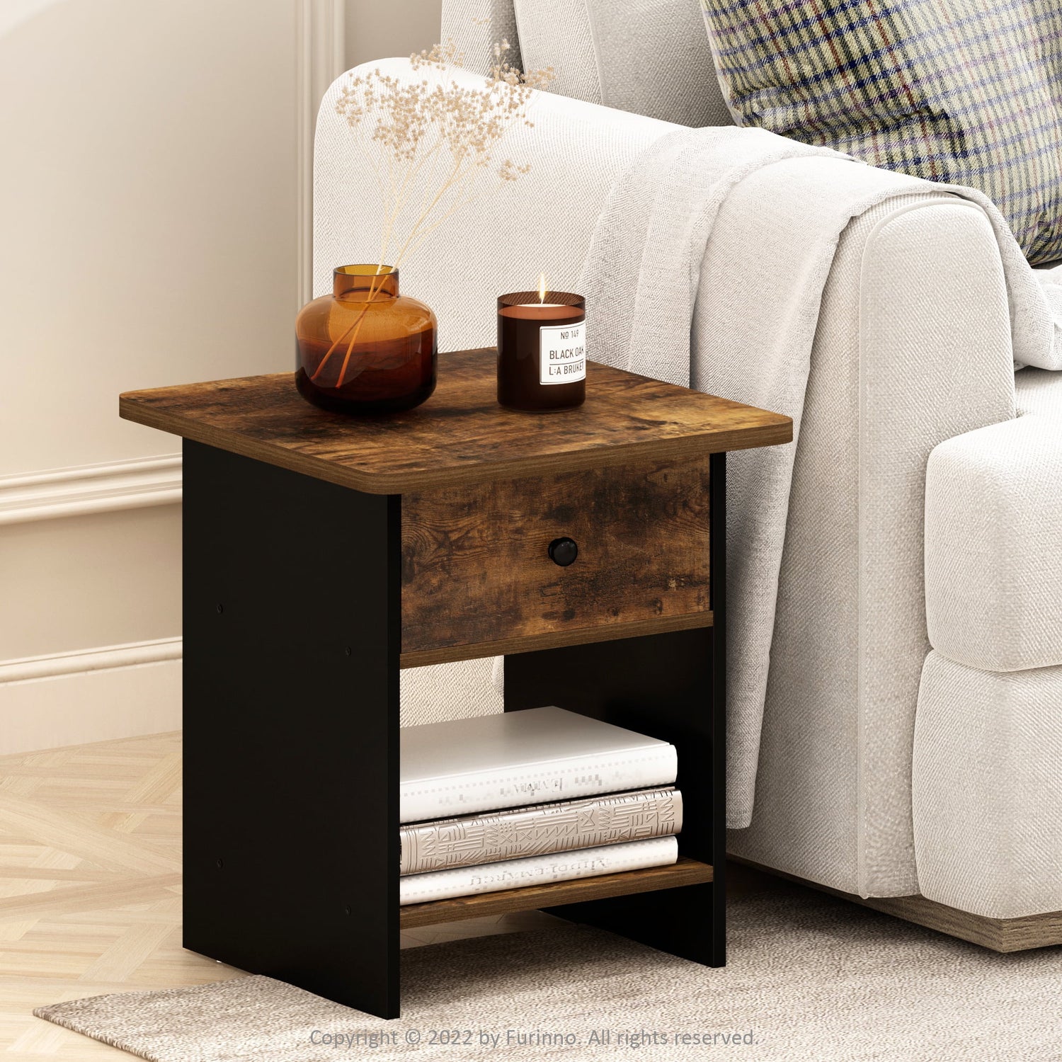 Furinno Dario End Table/ Night Stand Storage Shelf with Bin Drawer, Amber Pine/Black