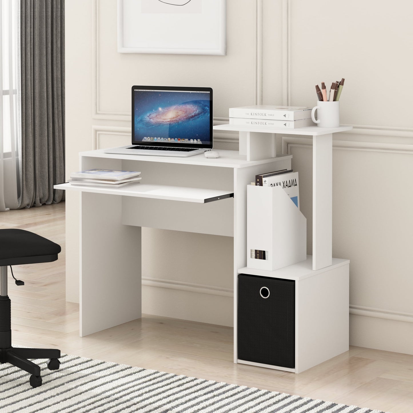 Furinno ECON Gaming Desk with Keyboard Tray and Storage Bin in Plain White
